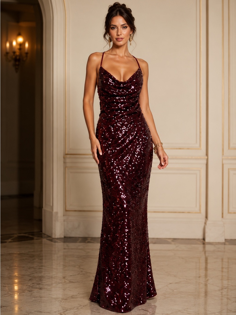NEW - Elegant Sequin Embellished Deep Draped Neck Backless Metal Chain Decorated